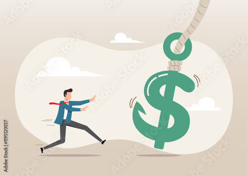 Greedy businessman investor running to catch money US Dollar sign with hidden phishing bait