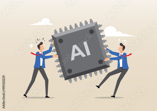 Businessmen tug of war fighting to get a computer chip