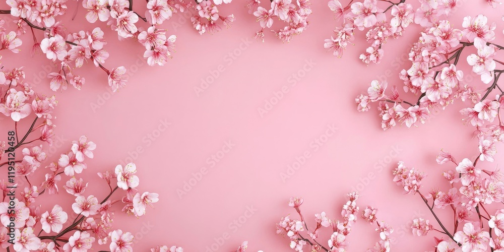 Blooming cherry blossom flower frame on a soft millennial pink background with delicate petals arranged around empty center for text placement Blooming cherry blossom flower frame on a soft millennial pink background with delicate petals arranged around empty center for text placement