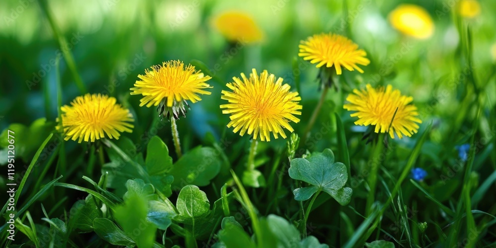 Vibrant yellow dandelions cluster among lush green grass and clover, with a soft focus on foreground flowers, creating a serene natural scene. Vibrant yellow dandelions cluster among lush green grass and clover, with a soft focus on foreground flowers, creating a serene natural scene.