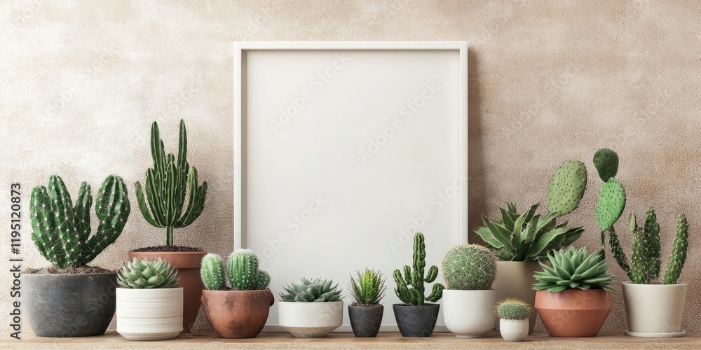 Fototapeta premium Modern interior decor with various cactus and succulent plants in diverse pots against a warm beige background with a central blank white frame