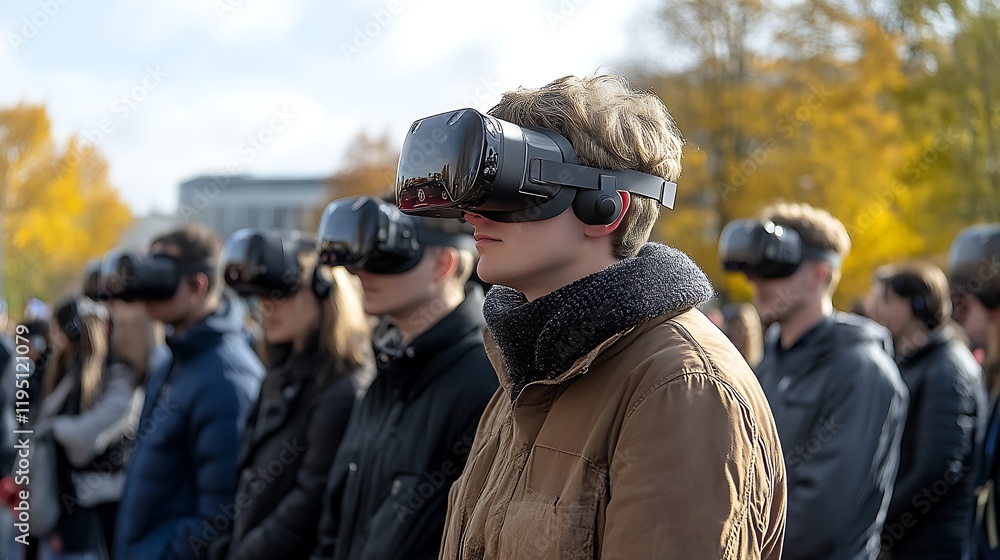 Fototapeta premium Young adults wearing VR headsets outdoors.