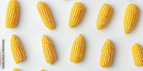 Yellow corn arranged in a symmetrical pattern on a white backdrop showcasing flat lay and top-down perspectives with vibrant textures and colors.