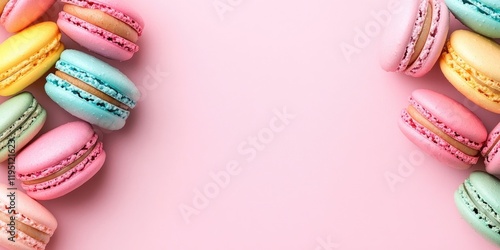 Colorful macarons in pastel pink yellow green and blue arranged in a circular layout on a soft pink background showcasing a trendy bakery concept photo