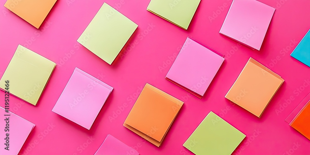 Colorful sticky notes in various shades of pink, green, orange, and blue scattered across a vibrant pink background creating a playful workspace aesthetic Colorful sticky notes in various shades of pink, green, orange, and blue scattered across a vibrant pink background creating a playful workspace aesthetic