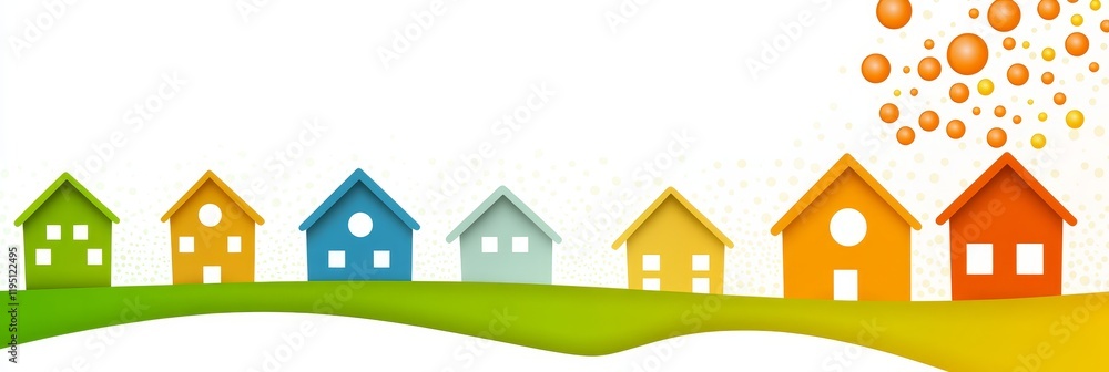 Colorful Homes With Bubbles On Rolling Green Hills Representing Community And Charity Work Colorful Homes With Bubbles On Rolling Green Hills Representing Community And Charity Work
