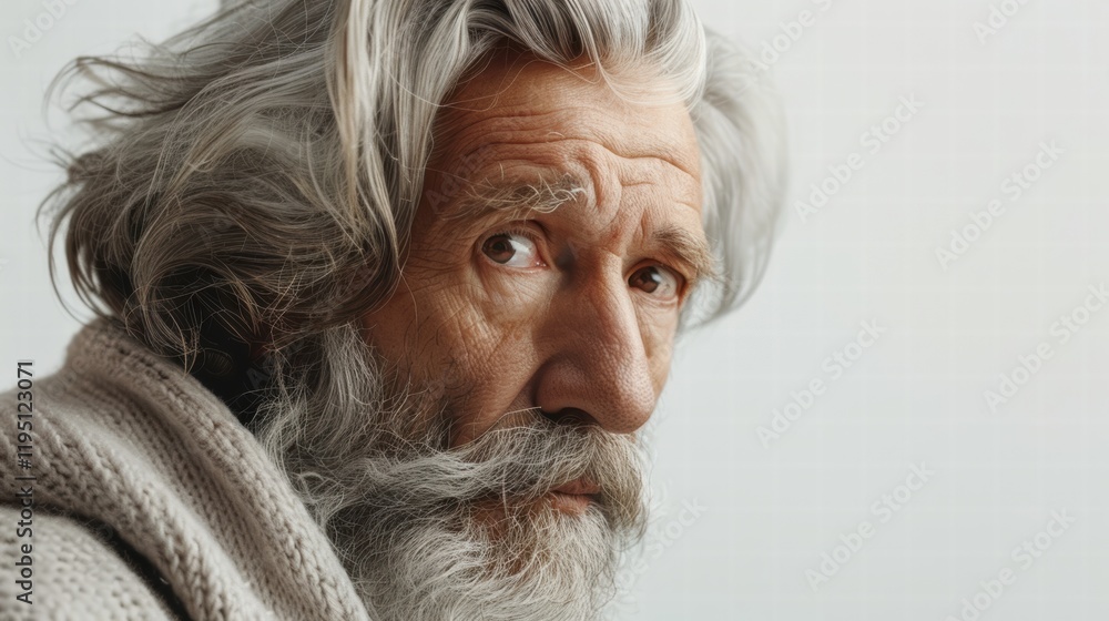 Thoughtful senior man with grey hair and a beard on white backdrop. Thoughtful senior man with grey hair and a beard on white backdrop.