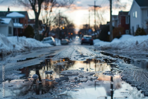 Thawing snow with blurred morning light and frozen puddles photo