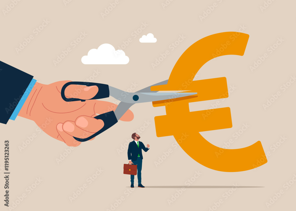 Hand cutting scissors to cut euro sign. Cost reduction or cut price. Flat vector illustration. Hand cutting scissors to cut euro sign. Cost reduction or cut price. Flat vector illustration.