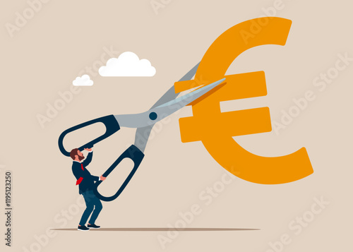 Businessman cutting scissors to cut euro sign. Cost reduction or cut price. Flat vector illustration.