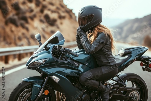 Female biker adjusting helmet on kawasaki ninja motorcycle on scenic road