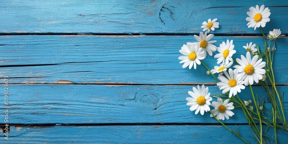 Obraz premium Daisy flowers with white petals and yellow centers arranged on a textured blue wooden surface offering ample space for text on the left side