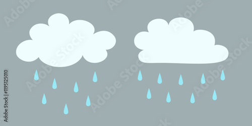 Flat rainy cloud. Cartoon white puffy, fluffy and cumulus clouds in blue sky. Abstract comic weather elements. Objects cloudscape for game.