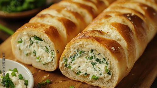 Cream Cheese Garlic delicious Korean Delicious cheesy herb bread, sliced.