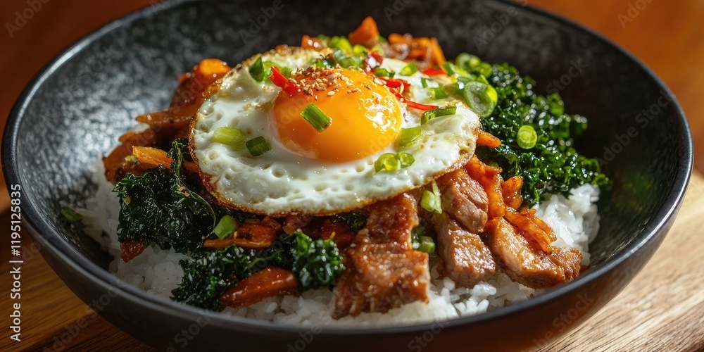 Bowl of crispy stir-fried pork and kale with a sunny-side-up egg, garnished with green onions and served over fluffy white rice. Bowl of crispy stir-fried pork and kale with a sunny-side-up egg, garnished with green onions and served over fluffy white rice.