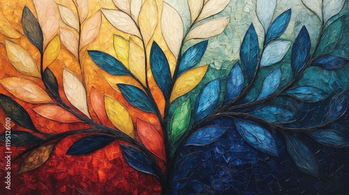 Stained Glass Artwork with Colorful Leaves and Vibrant Background, Featuring a Beautiful Tree Design, Ideal for Home Decor or Art Projects