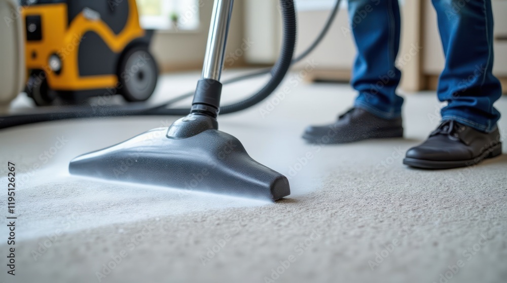 Fototapeta premium Professional Cleaner Uses Steam Equipment to Refresh Carpet in Home Setting