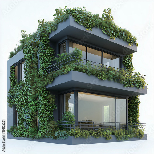 Modern architectural design featuring a green building covered in lush vegetation in a serene urban environment photo