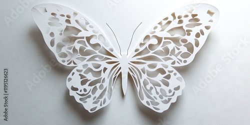 Intricate white cutout paper butterfly art positioned centrally on a light gray background showcasing detailed patterns for elegant greeting cards.