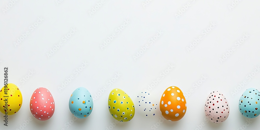 Obraz premium Colorful Easter eggs in a row on a white background with pastel pink, blue, yellow, and orange shades featuring polka dots and ample text space.