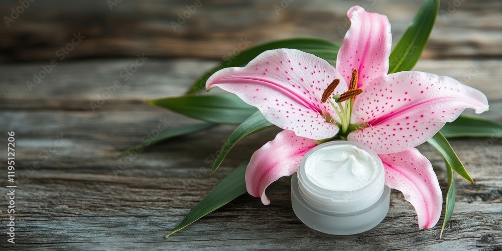 Cosmetic cream in a transparent jar rests beside a pink lily with green leaves on rustic wooden surface creating a serene beauty composition Cosmetic cream in a transparent jar rests beside a pink lily with green leaves on rustic wooden surface creating a serene beauty composition