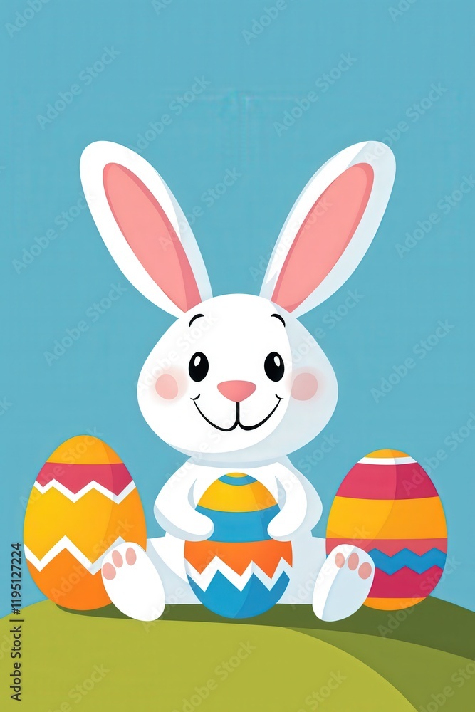 Obraz premium Smiling bunny decorating an egg while sitting on a sunny hill