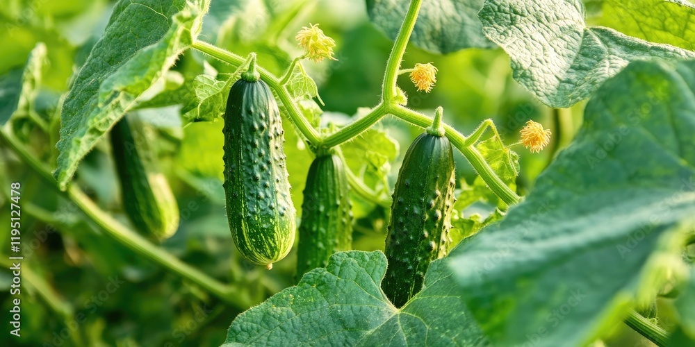 Young cucumbers hanging from a green vine surrounded by large lush green leaves with a warm sunlight ambiance enhancing the vibrant colors