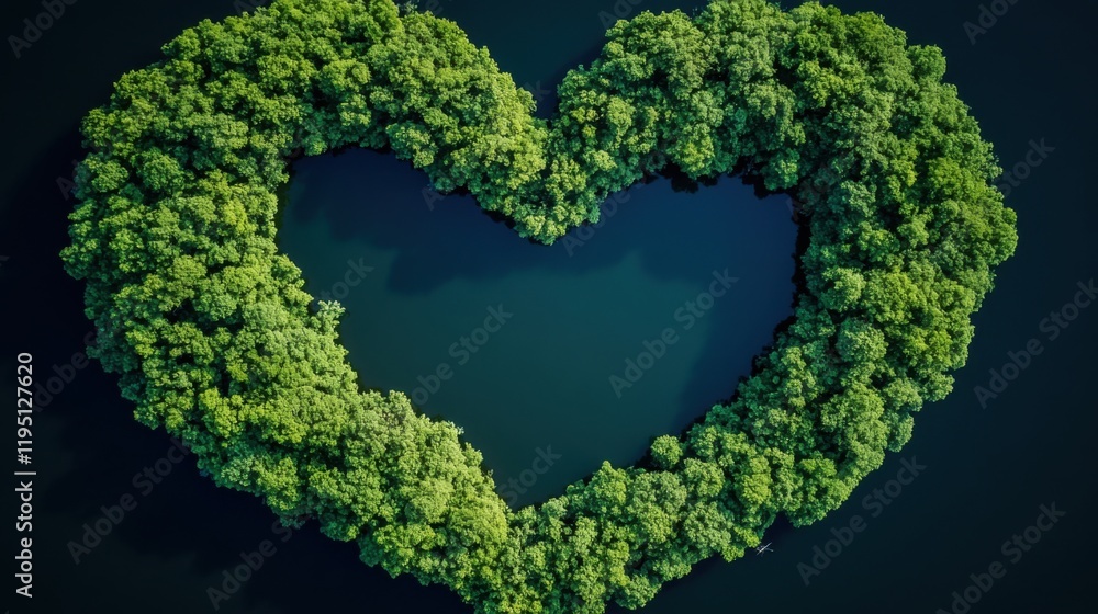 Heart-Shaped Tree Formation Surrounded by Water in Lush Green Landscape Ideal for Nature and Love-Themed Projects Heart-Shaped Tree Formation Surrounded by Water in Lush Green Landscape Ideal for Nature and Love-Themed Projects