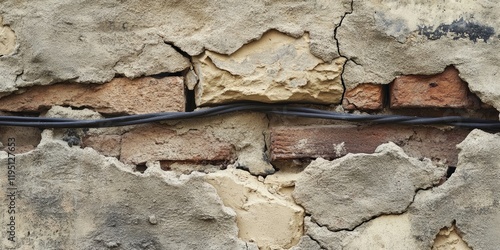 Old weathered brick wall with cracks exposing electrical cables in dark colors, with textured mortar in neutral tones occupying the lower half. photo