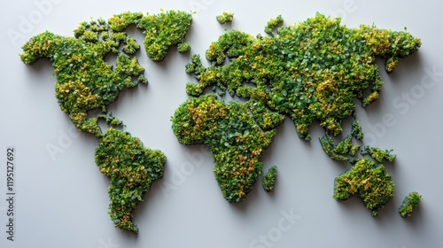 Green World Map Made of Lush Plants and Leaves on a Light Gray Background, Representing Nature, Sustainability, and Environmental Conservation Concepts