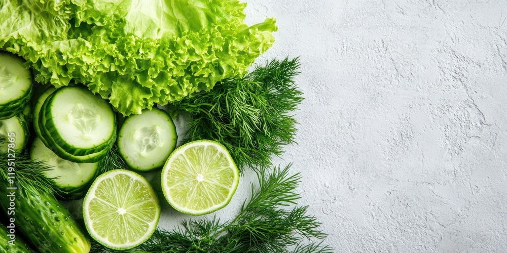 Obraz premium Fresh green lettuce cucumber dill and lime arranged on a light textured background with selective focus showcasing vibrant greens and circular shapes