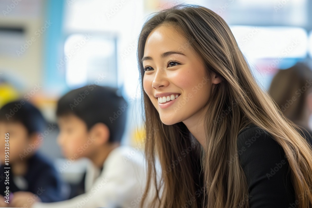  Smiling teacher interacting with students in classroom.