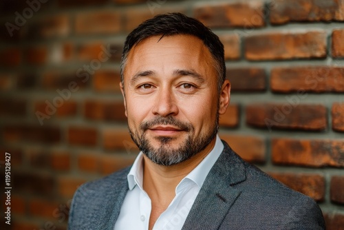 Confident Businessman Portrait Against Brick Wall: Professional Man Exuding Charisma and Style for Corporate Imagery and Marketing photo