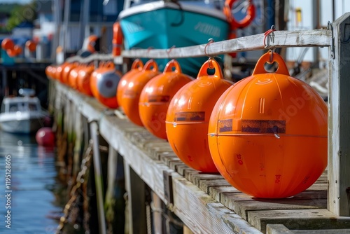 A row of bright orange buoys lined along a wooden dock beside calm water. photo