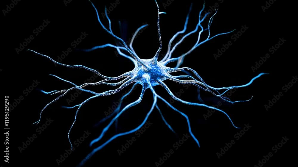 An abstract depiction of a neuron against a black background.