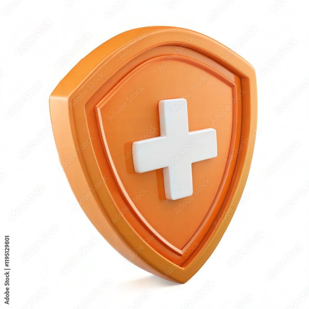 Fototapeta premium 3D render, medical shield icon, orange plastic material, white cross symbo
