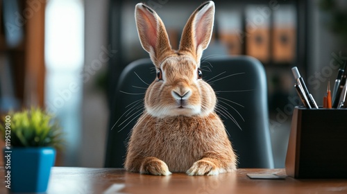 Adorable rabbit sitting at desk like a boss. photo