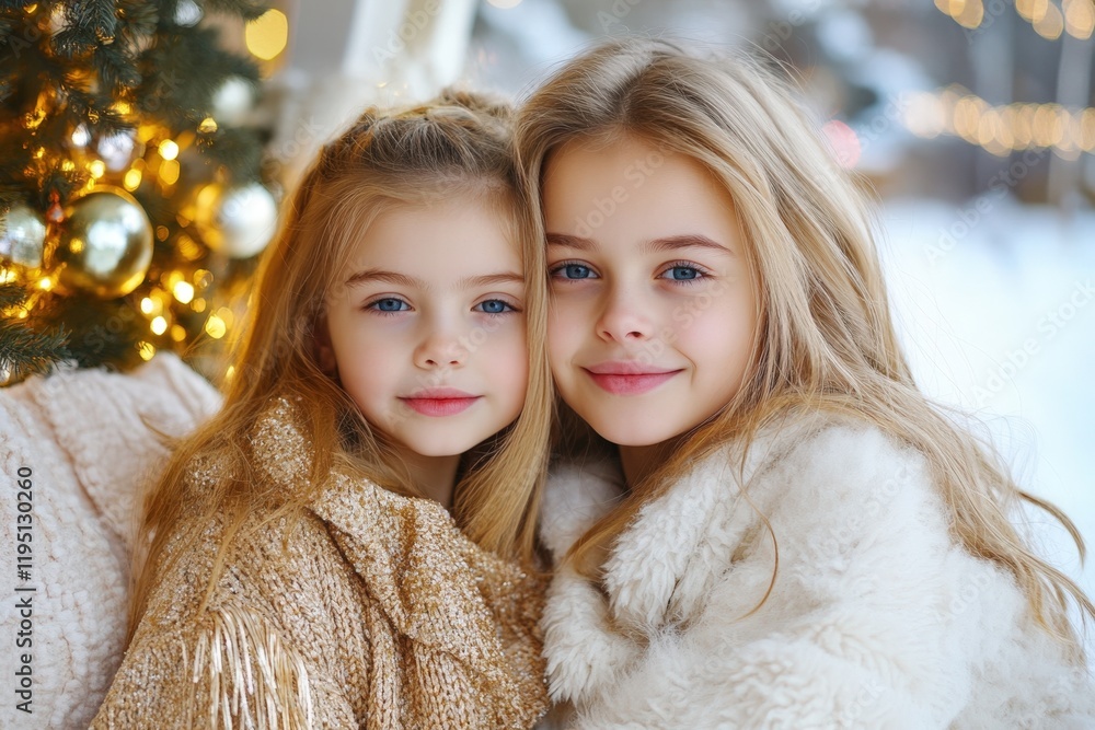 Charming Christmas Portrait of Two Smiling Sisters in Cozy Winter Furs Surrounded by Festive Lights and a Joyful Atmosphere Charming Christmas Portrait of Two Smiling Sisters in Cozy Winter Furs Surrounded by Festive Lights and a Joyful Atmosphere