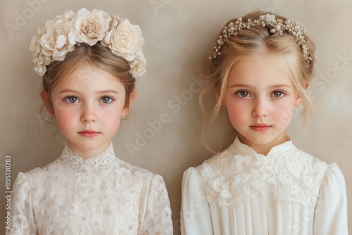 Charming Portraits of Young Girls in Elegant Dresses with Floral Crowns: A Timeless Capture of Innocence and Beauty photo