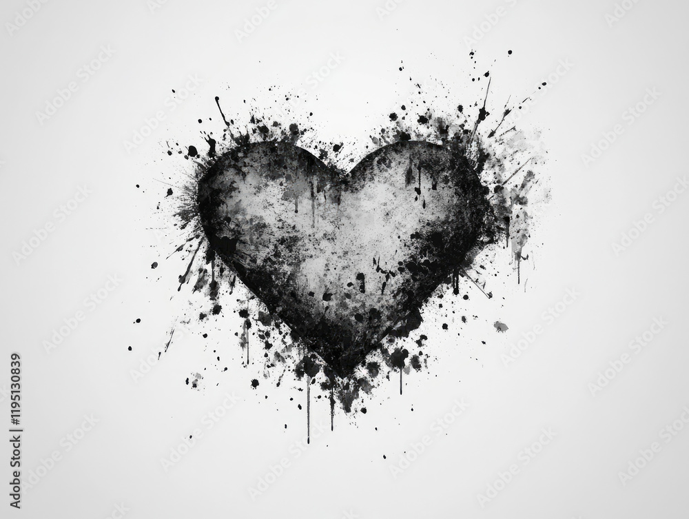 Obraz premium Distressed ink blot heart background for romantic valentine's invitations celebrating love and passion in black and white grunge style