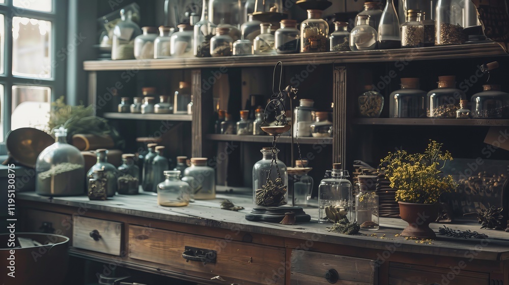 Naklejka premium A rustic apothecary filled with glass jars and herbs for herbal remedies and natural remedies.