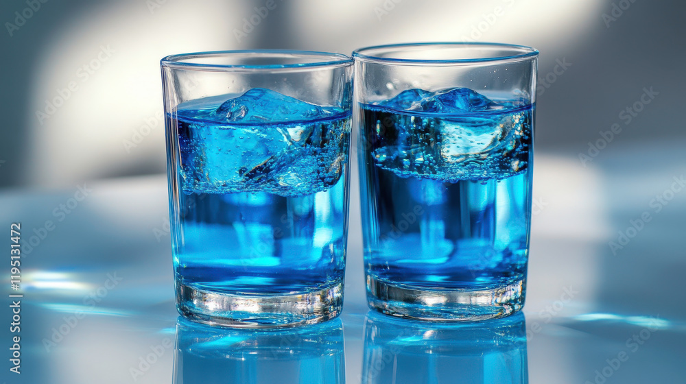 Refreshing Bright Blue Beverages in Clear Glasses with Ice Cubes on a Sunlit Surface, Perfect for Summer or Party Themes, Appealing Drink Presentation Refreshing Bright Blue Beverages in Clear Glasses with Ice Cubes on a Sunlit Surface, Perfect for Summer or Party Themes, Appealing Drink Presentation