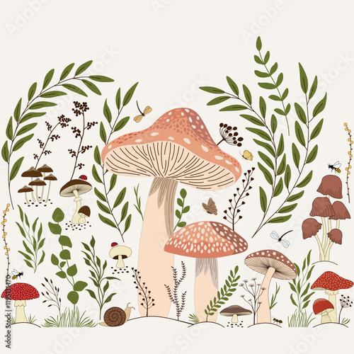 Cute pattern with plants and fungus 
