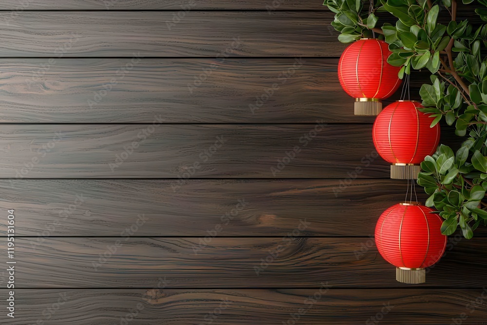 Decorative Red Lanterns Hanging Against Wooden Background Texture