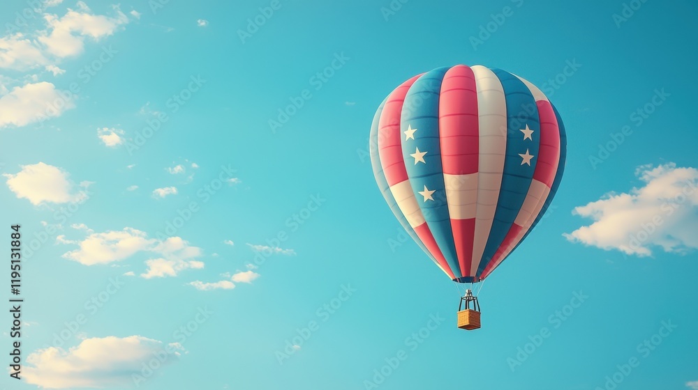 Fototapeta premium A colorful hot air balloon with stars floats against a clear blue sky, surrounded by fluffy clouds, creating a serene and uplifting scene.