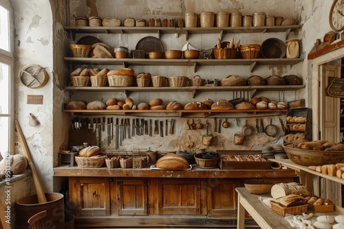 Wallpaper Mural A rustic bakery interior filled with various types of bread and baking tools on wooden shelves and counters. Torontodigital.ca