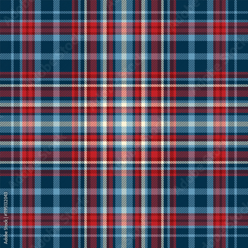 A classic blue and red plaid tartan pattern with fine white lines, showcasing a timeless and elegant design. Ideal for use in fashion, textiles, backgrounds, and digital projects.