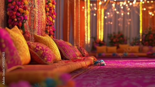 The wedding venue glows with an air of enchantment, adorned with cascading white and blush roses intertwined with delicate ivy