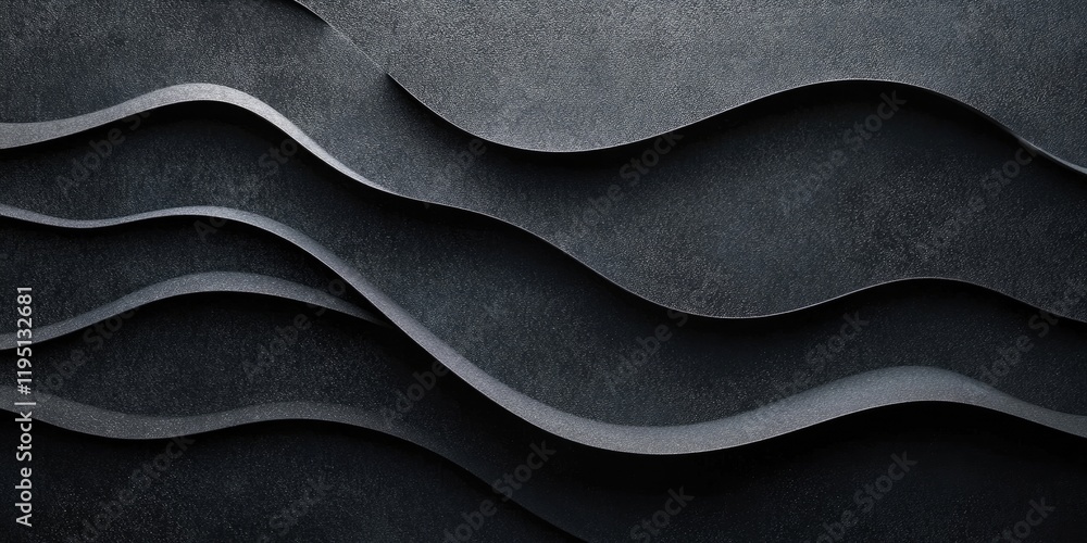 Dark textured paper with grainy appearance layered in waves on black background creates a sleek abstract design emphasizing depth and motion Dark textured paper with grainy appearance layered in waves on black background creates a sleek abstract design emphasizing depth and motion