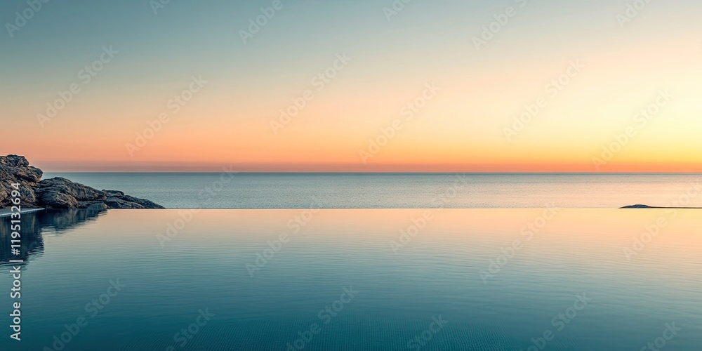 Obraz premium Calm ocean pool reflecting pastel dawn colors with gentle waves at horizon tranquil rocks on the left serene landscape copy space above water